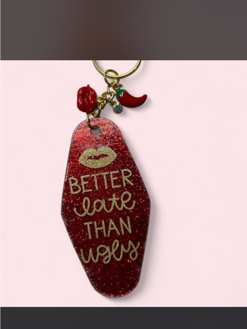 Red Glitter 'Better Late Than Uggs' Keychain